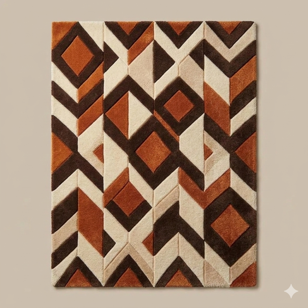Rust Brown Geometric Hand Tufted Wool Rug, Mid Century Modern Area Rug, Abstract Diamond Pattern Carpet, Handmade Living Room Rug