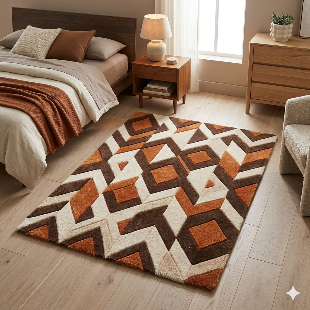 Rust Brown Geometric Hand Tufted Wool Rug, Mid Century Modern Area Rug, Abstract Diamond Pattern Carpet, Handmade Living Room Rug