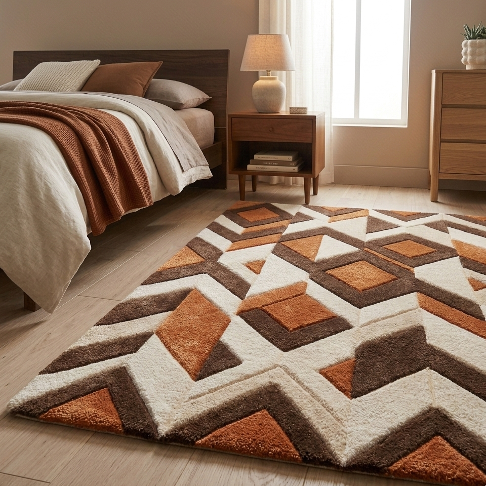 Rust Brown Geometric Hand Tufted Wool Rug, Mid Century Modern Area Rug, Abstract Diamond Pattern Carpet, Handmade Living Room Rug